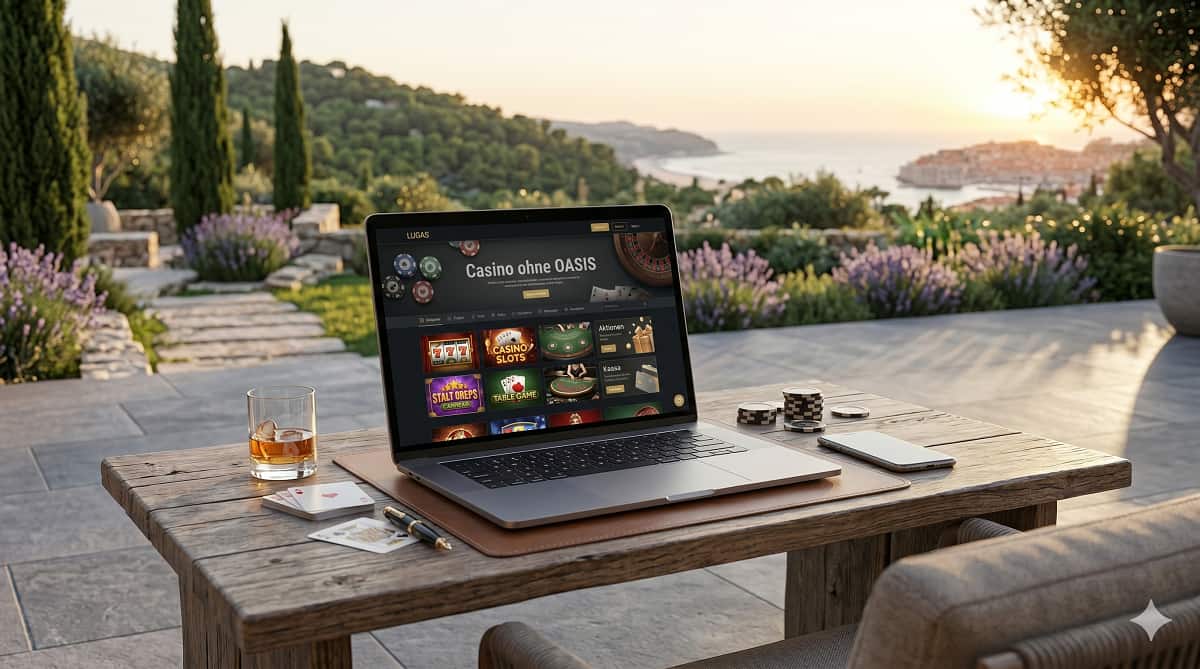 Ein Laptop zeigt eine Online-Casino-Webseite mit dem Titel "Casino ohne OASIS" in einer luxuriösen Lounge.